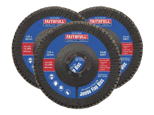 Faithfull Zirconia Abrasive Jumbo Flap Disc 125 x 22mm Mixed Grit (3 Pack) Faithfull - RockBottom Northampton