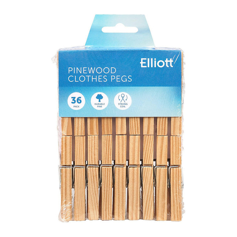 Elliott Traditional Pinewood Clothes Pegs - 36 Pack, Contoured Design, Metal Coil Spring