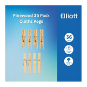 Elliott Traditional Pinewood Clothes Pegs - 36 Pack, Contoured Design, Metal Coil Spring