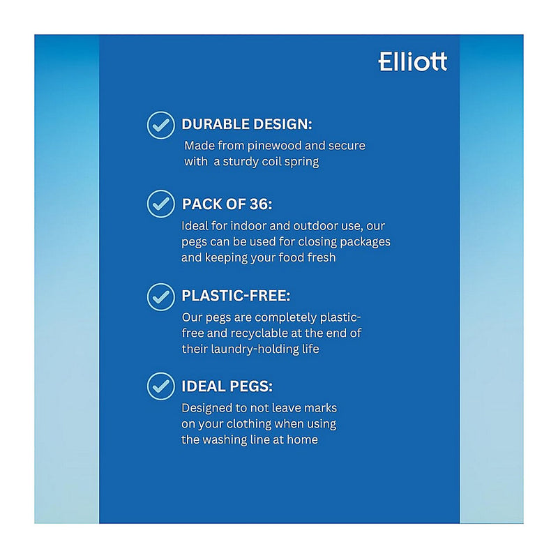 Elliott Traditional Pinewood Clothes Pegs - 36 Pack, Contoured Design, Metal Coil Spring
