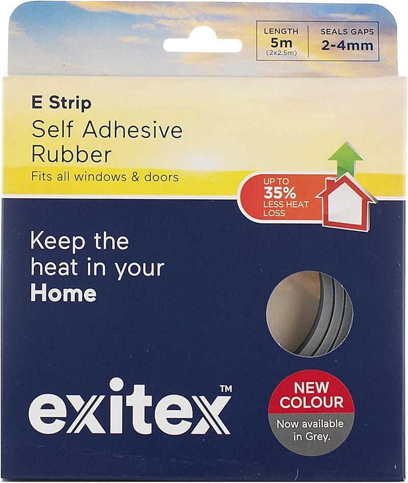 Exitex E Strip Self-Adhesive Rubber Seal (5m Roll), Draught Excluder for Doors & Windows, Seals Gaps 2mm to 4mm (Grey)