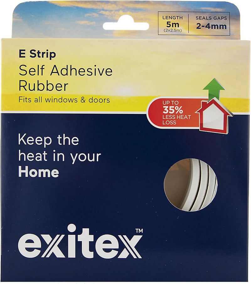 Exitex E Strip Self-Adhesive Rubber Seal (5m Roll), Draught Excluder for Doors & Windows, Seals Gaps 2mm to 4mm (White)