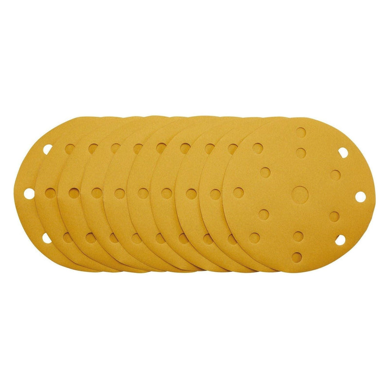 Gold Sanding Discs with Hook & Loop, 150mm, 320 Grit, 15 Dust Extraction Holes (Pack of 10) Draper - Town Tools