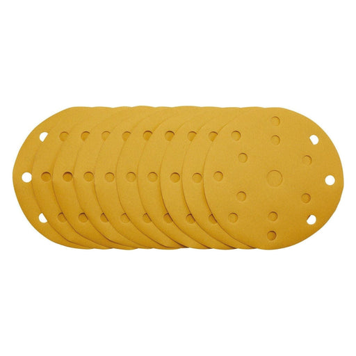 Gold Sanding Discs with Hook & Loop, 150mm, 320 Grit, 15 Dust Extraction Holes (Pack of 10) Draper - Town Tools