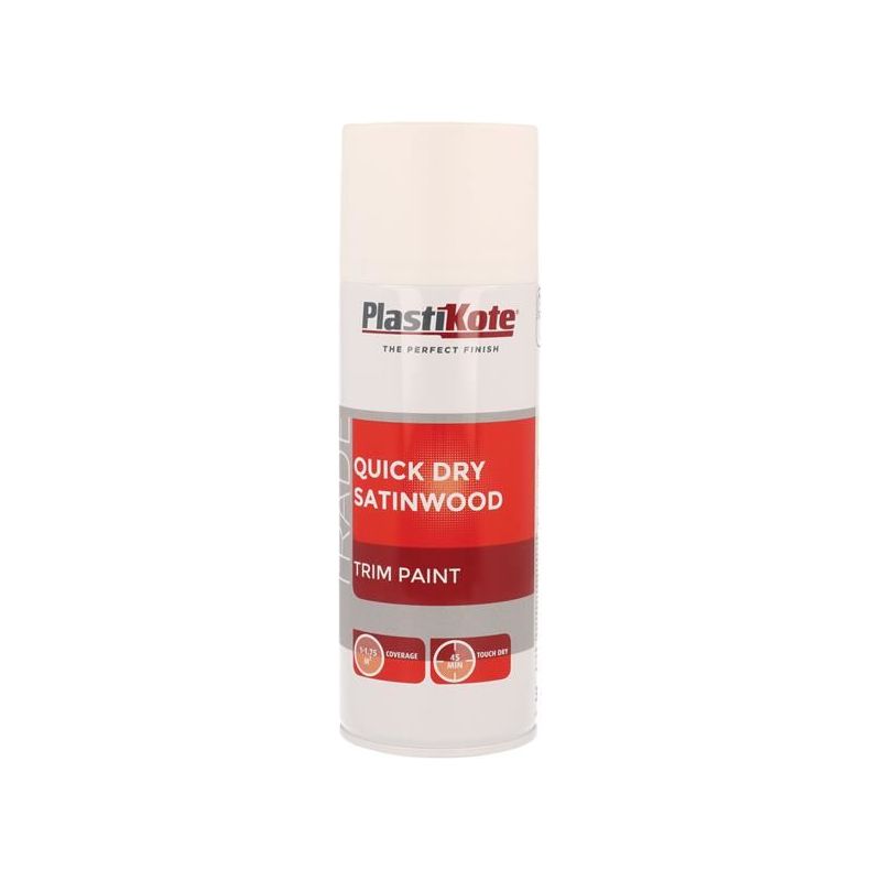 Plastikote Trade Quick Dry Trim Spray Satinwood White 400ml PlastiKote - RockBottom Nothampton