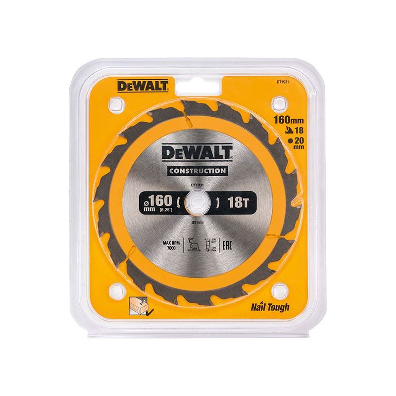 Dewalt Power Tools Portable Construction Circular Saw Blade 160 x 20mm x 18T DeWALT Power Tools - RockBottom Northampton