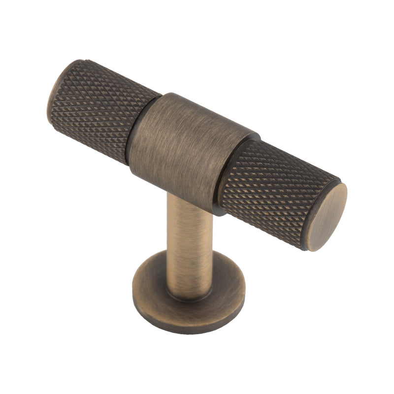 Knurled Cabinet T-Bar Knob - Antique Brass