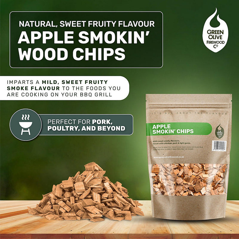 Green Olive Firewood Company Apple Wood Chips, 800g - FAPSC1.5 - Perfect for BBQ Smoking