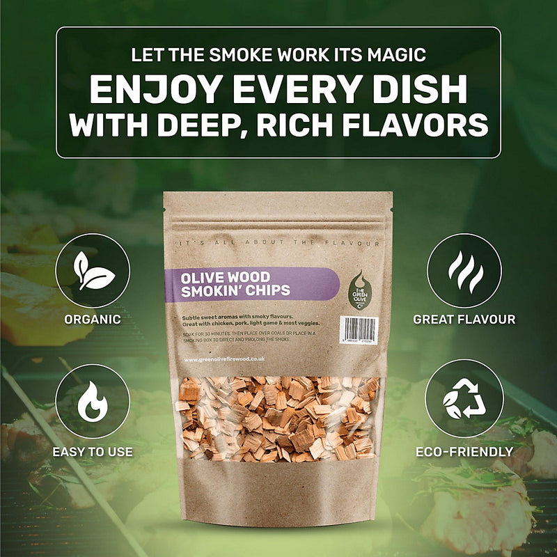 Green Olive Firewood Company Olive Wood Chips, 700g - FOWSC1.5 - Ideal for BBQ Smoking