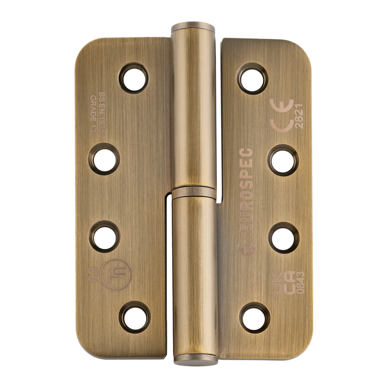 102 X 76 X 3Mm Lift Off Hinge Grade 13 C/W Screws - Radius (Pair) - Right Hand - Antique Brass