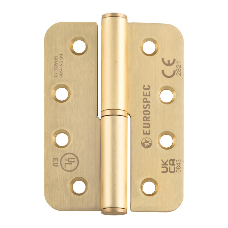 102 X 76 X 3Mm Lift Off Hinge Grade 13 C/W Screws - Radius (Pair) - Left Hand - Satin Brass
