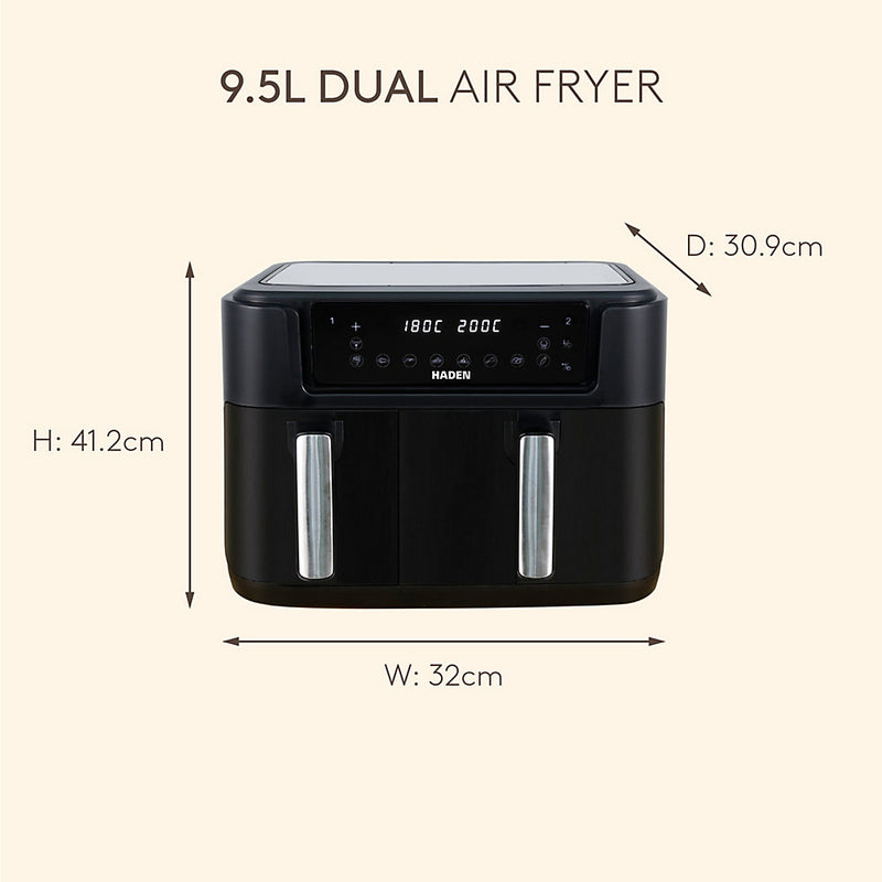 Haden 9.5L Dual Air Fryer - 10 Presets, Family Size, Digital Control, 60-Min Timer, Oil-Free, LED Display, Non-Stick Baskets