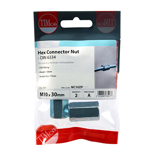 TIMCO Hex Connector Nuts DIN6334 Silver — Trade Pack