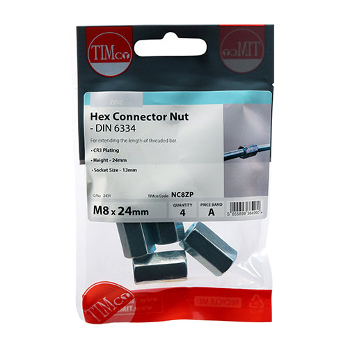 TIMCO Hex Connector Nuts DIN6334 Silver — Trade Pack