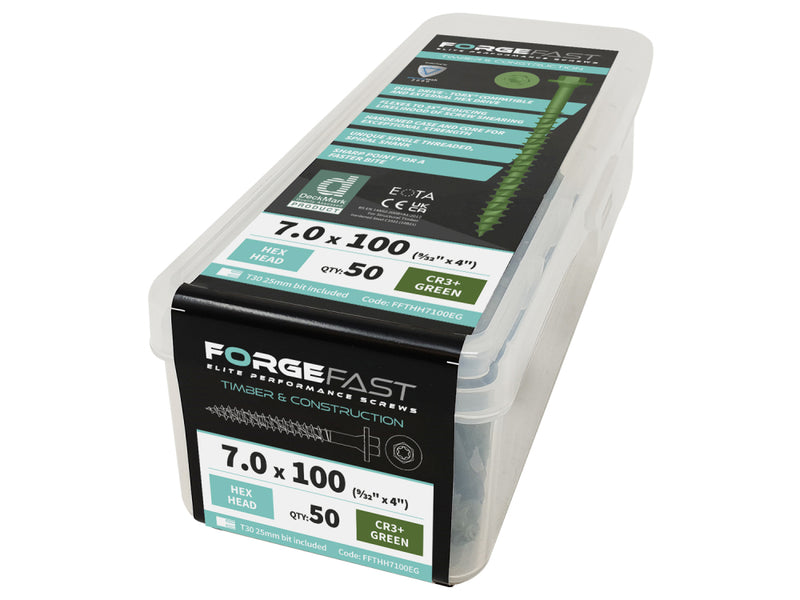 F/Fast Hex Head Torx 7.0x225mm Bx 50 eTech Green 2000hrs
