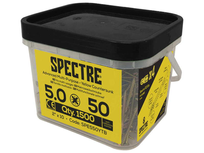 Spectre Woodscrew 5.0x50mm Tub 1500 Yellow Zinc & x4 bits