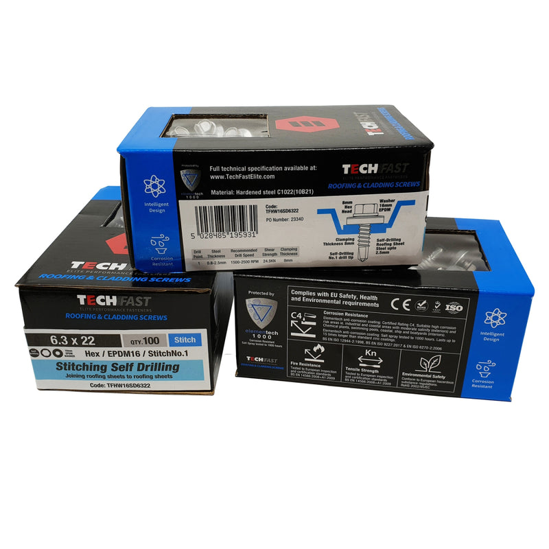 TechFast Hex/EPDM16/StitchNo.1 Per 100 (1000 hours) 6.3x25mm