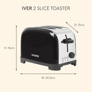 Iver Black Toaster 2 Slice - Compact Design with 6 Browning Settings & Anti-Jam Function