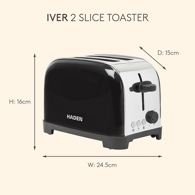 Iver Black Toaster 2 Slice - Compact Design with 6 Browning Settings & Anti-Jam Function