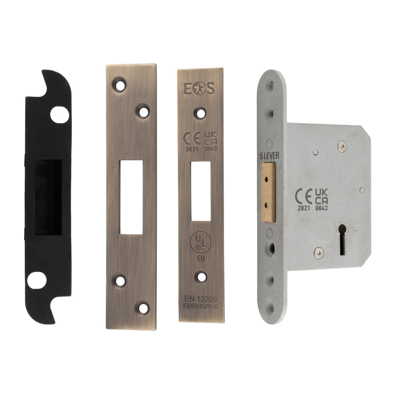 64Mm Heavy Duty Deadlock - 5 Lever - Square - Antique Brass