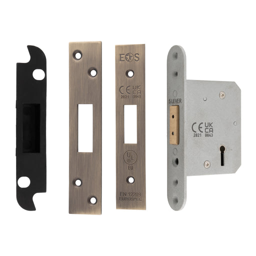 64Mm Heavy Duty Deadlock - 5 Lever - Square - Antique Brass