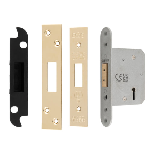 64Mm Heavy Duty Deadlock - 5 Lever - Square - Stainless Brass