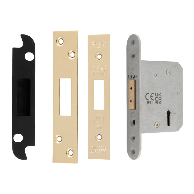64Mm Heavy Duty Deadlock - 5 Lever - Square - Stainless Brass