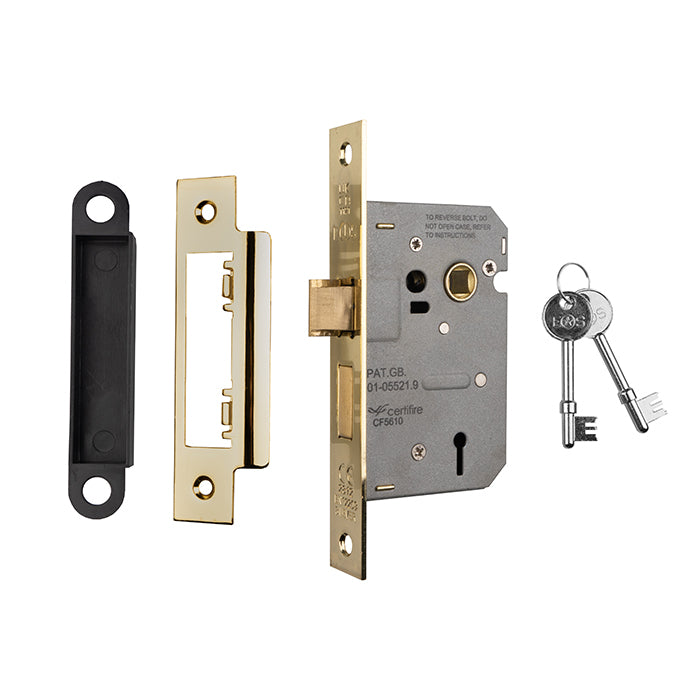 64Mm Sash Lock - 3 Lever - 57Mm C/C - Square - Electro Brassed