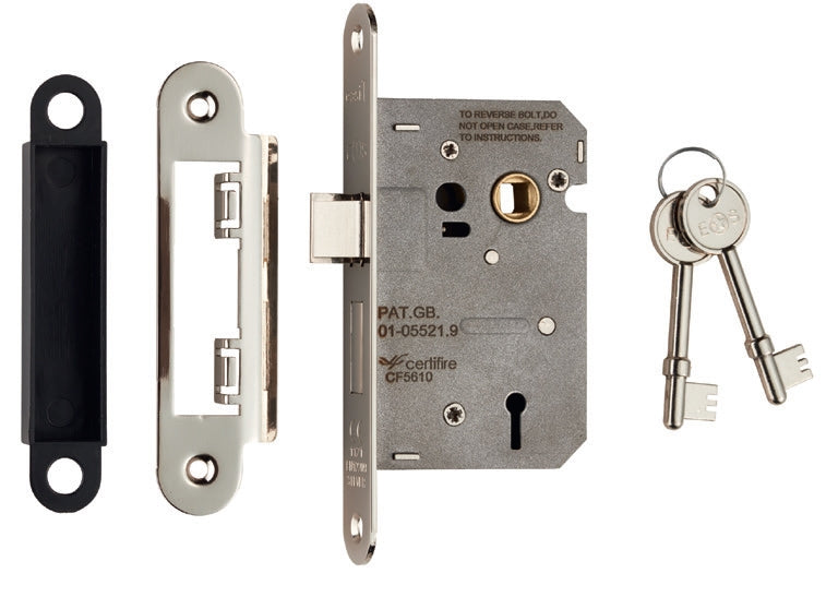 64Mm Sash Lock - 3 Lever - 57Mm C/C - Radius - Nickel Plated