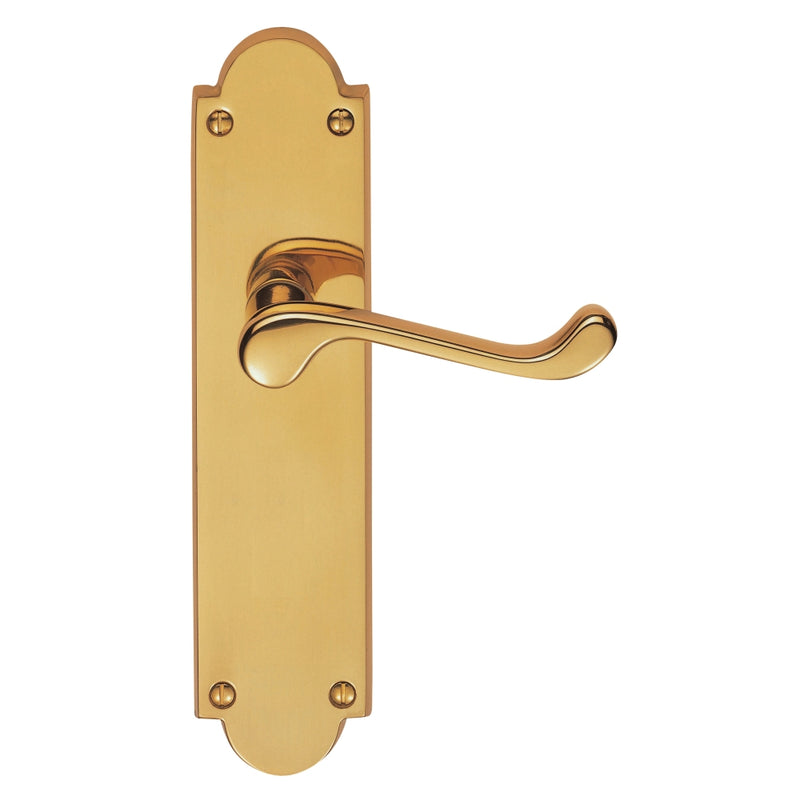 Victorian Scroll Lever On Shaped Backplate - Latch - Polished Brass 205 x 49mm