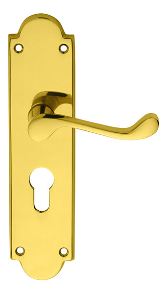 Victorian Scroll Lever On Shaped Backplate - Lock Euro Profile 47.5Mm C/C - Polished Brass 205 x 49mm