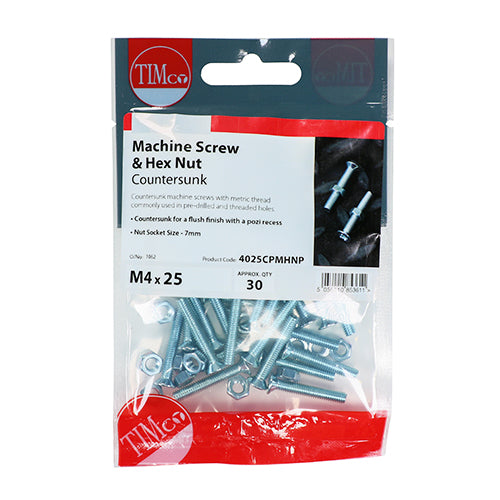 TIMCO Machine Countersunk Screws & Hex Nut Silver - M4 x 25