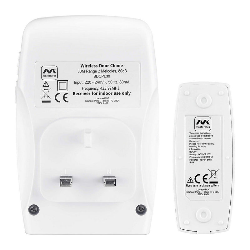 Masterplug Plug-in DoorBell 30 Metre Range - BDCPL30-MP - Perfect for Home and Office