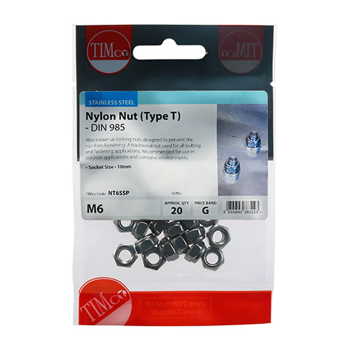 TIMCO Nylon Insert Nuts Type T DIN985 A2 Stainless Steel - M10