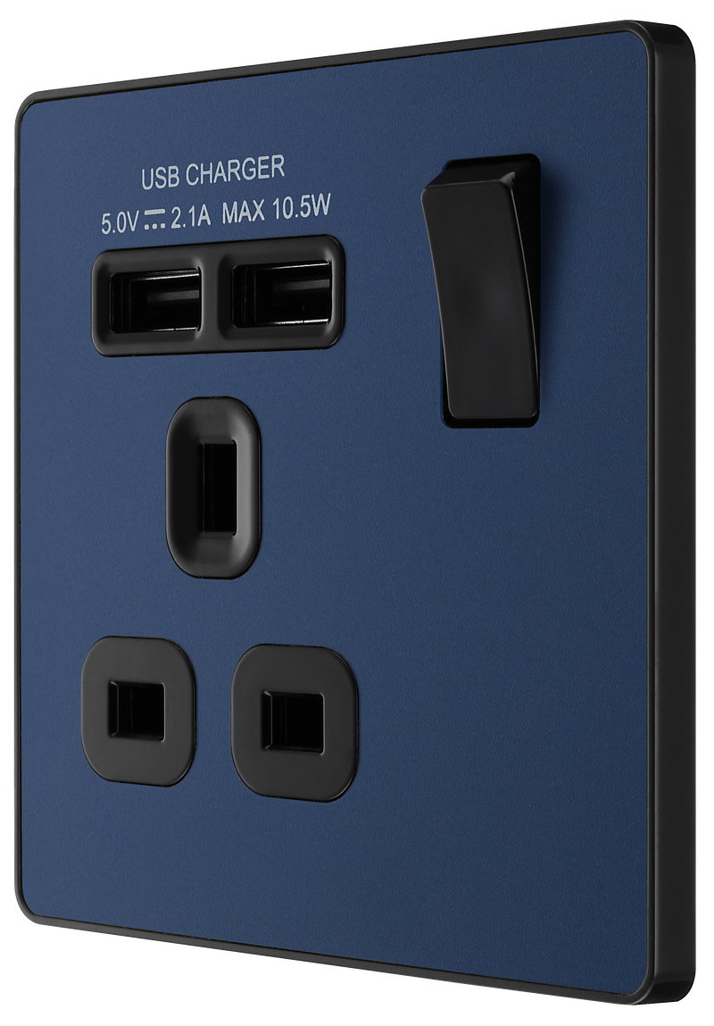 BG Electrical Evolve Matt Blue - Single, switched, single pole, with 2 x USB A