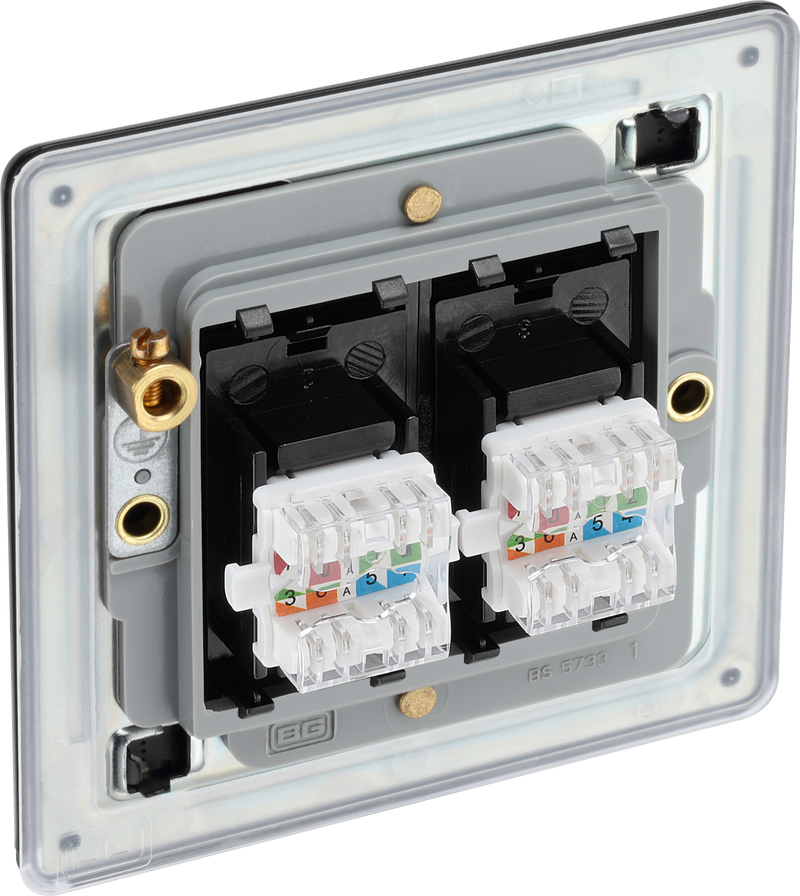 BG Electrical Flatplate Screwless Matt Black - Double, RJ45 telephone socket