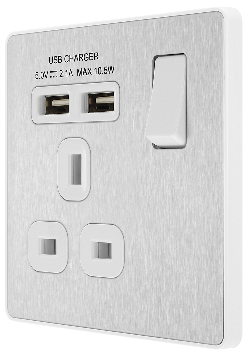 BG Electrical Evolve Brushed Steel - Single, switched, single pole, with 2 x USB A