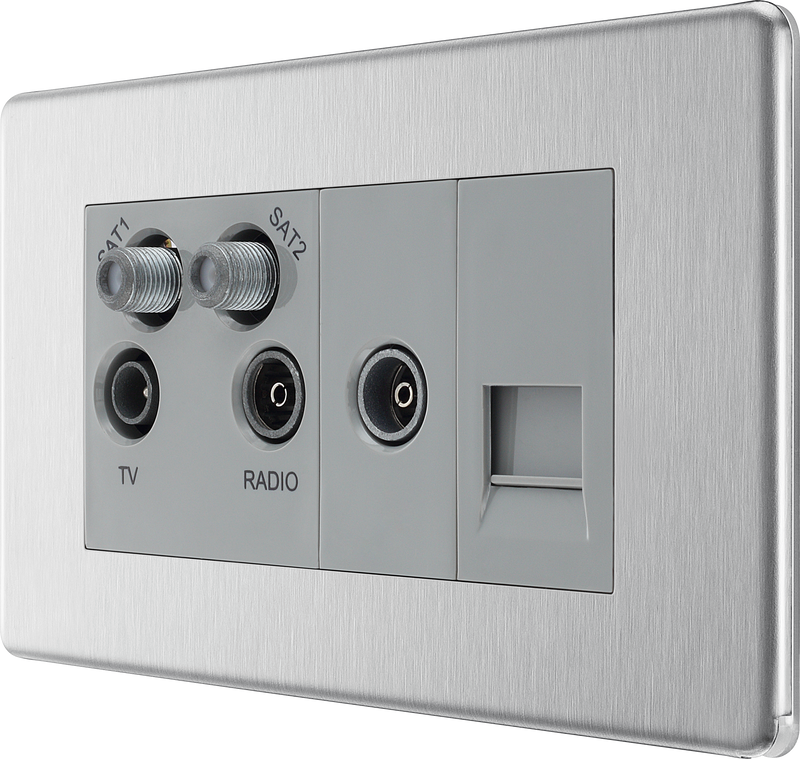 BG Electrical Flatplate Screwless Brushed Steel - Quadplex, 2 x sat, BT outlet and co-ax returned - screened