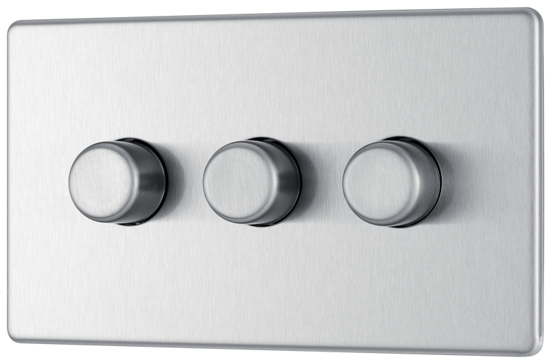 BG Electrical Flatplate Screwless Brushed Steel - Triple 2 way push 200W