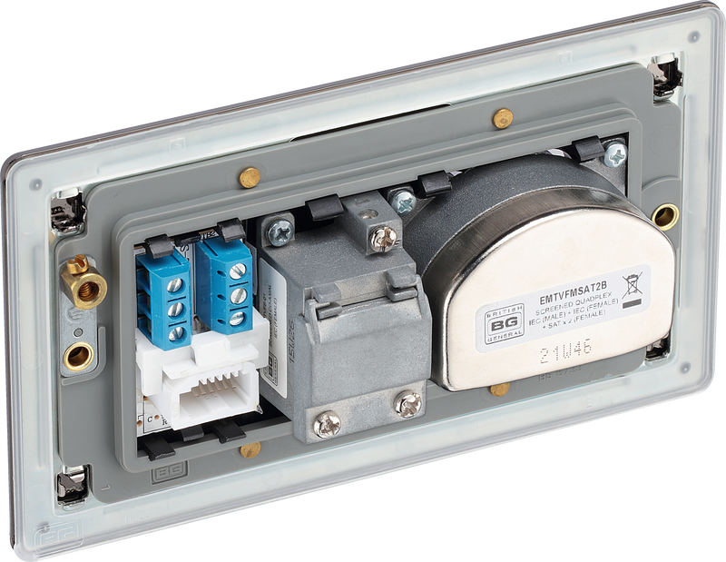 BG Electrical Flatplate Screwless Black Nickel - Quadplex 2 x sat, BT outlet and co-ax returned - screened