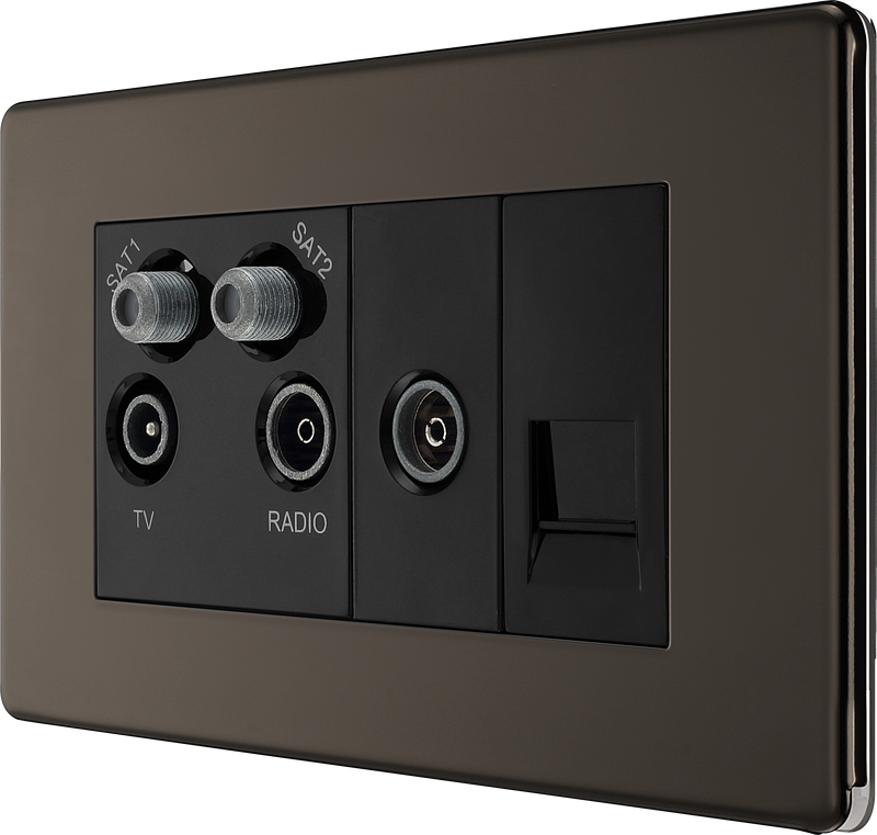 BG Electrical Flatplate Screwless Black Nickel - Quadplex 2 x sat, BT outlet and co-ax returned - screened