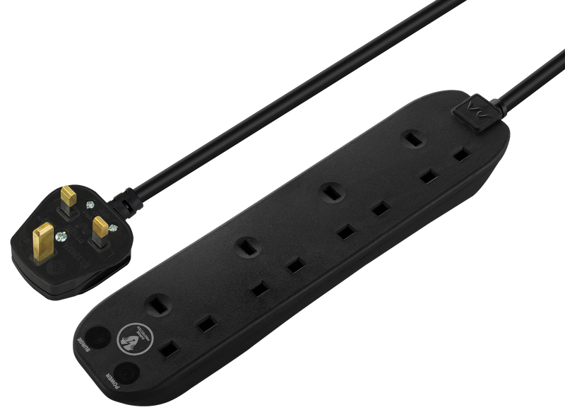 Masterplug Surge - 4 Sockets, 2m, 13A, Black