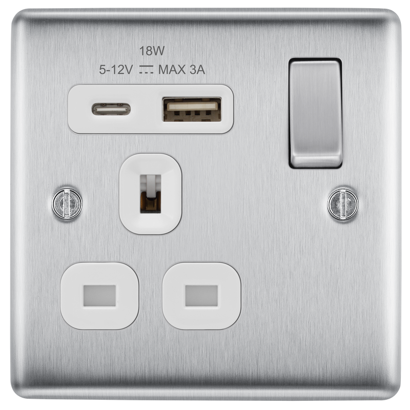 BG Electrical Nexus Metal Brushed Steel - Single, switched, single pole, with 1 x USB A + 1 x USB C