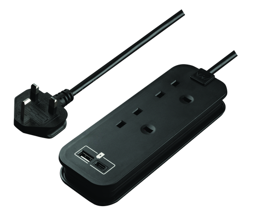 Masterplug Travel - 1 x USB A + 1 x USB C, 2 Sockets, 0.45m, 13A, Black