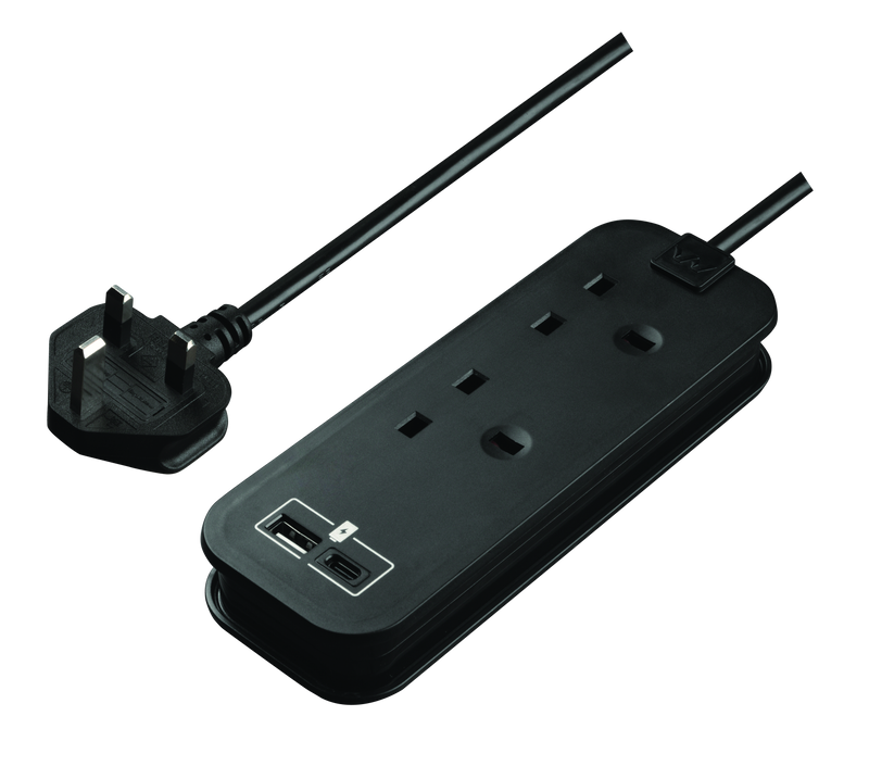 Masterplug Travel - 1 x USB A + 1 x USB C, 2 Sockets, 0.45m, 13A, Black