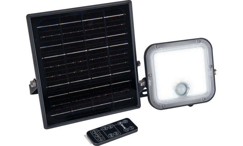 Luceco Mensa - Mensa Decorative Outdoor Solar Security Floodlight with PIR Motion Sensor and Remote Control, Colour Change (CCT), LED Exterior Lighting, Black, 10W, 1500lm, 3000K & 4000K