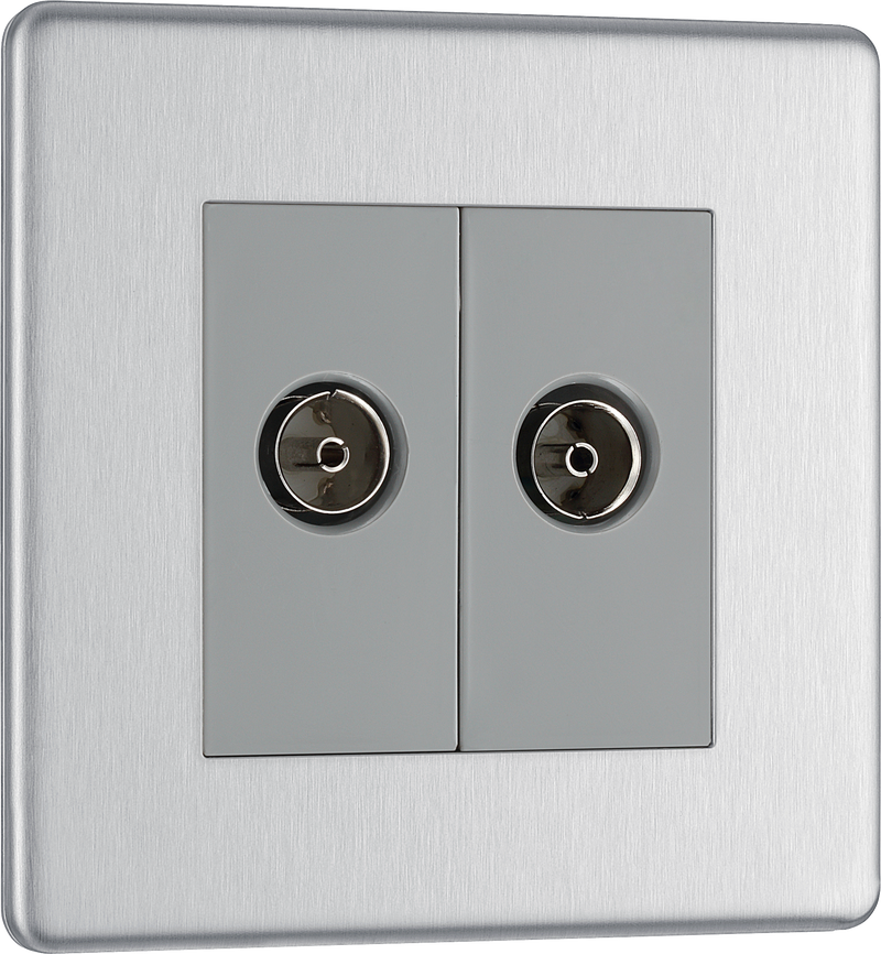 BG Electrical Flatplate Screwless Brushed Steel - Double, isolated, co-axial