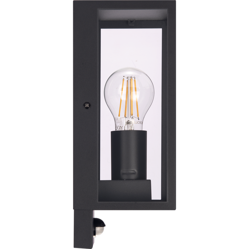 Luceco Azurar Coach Lantern - Exterior Decorative Wall Glass Lanten Single with PIR motion Sensor IP44 E27 Lamp included Black