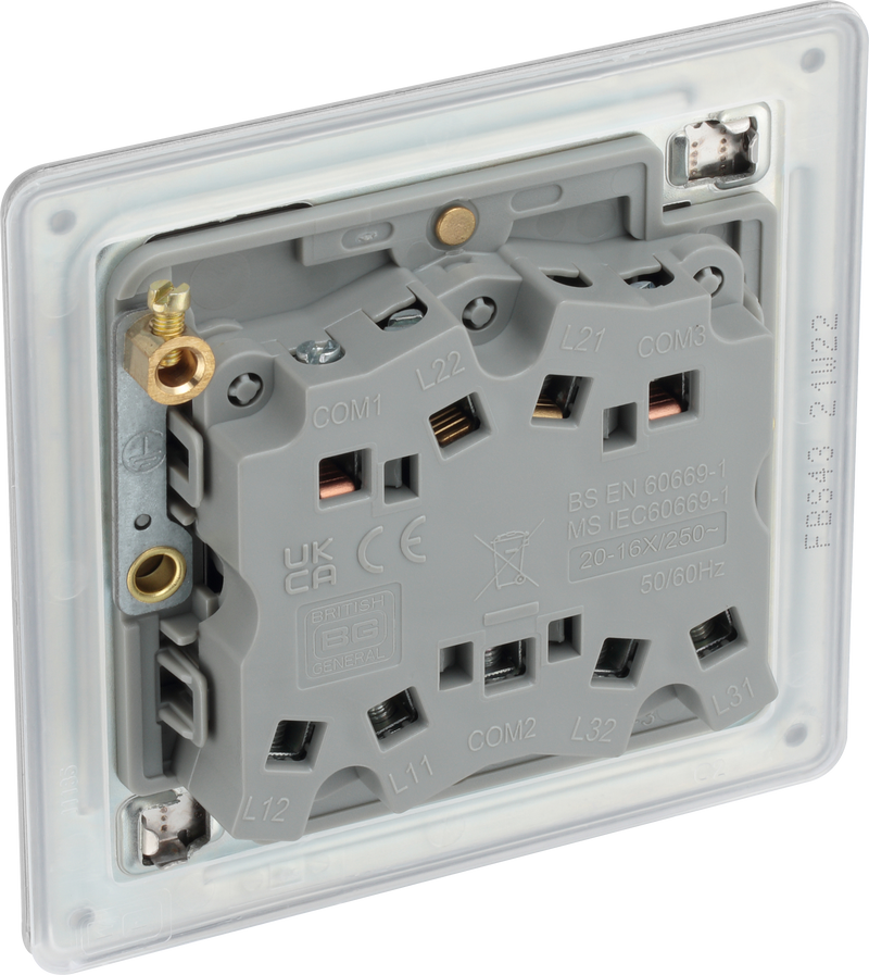 BG Electrical Flatplate Screwless Brushed Steel - Triple, 2 way switch