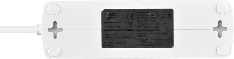 Masterplug High Gloss USB - 2 x USB A, 6 Sockets, 2m, 13A, Gloss White